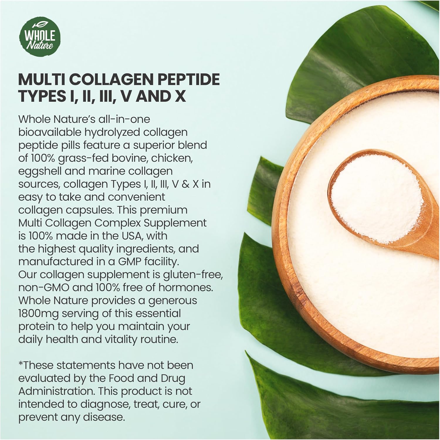 1800mg Whole Nature Multi Collagen Protein Peptides Capsules - Types I, II, III, V, X - Joint Support, Hair, Skin, Nails, Beauty Vitamins - 100% Natural Non-GMO - 90ct
