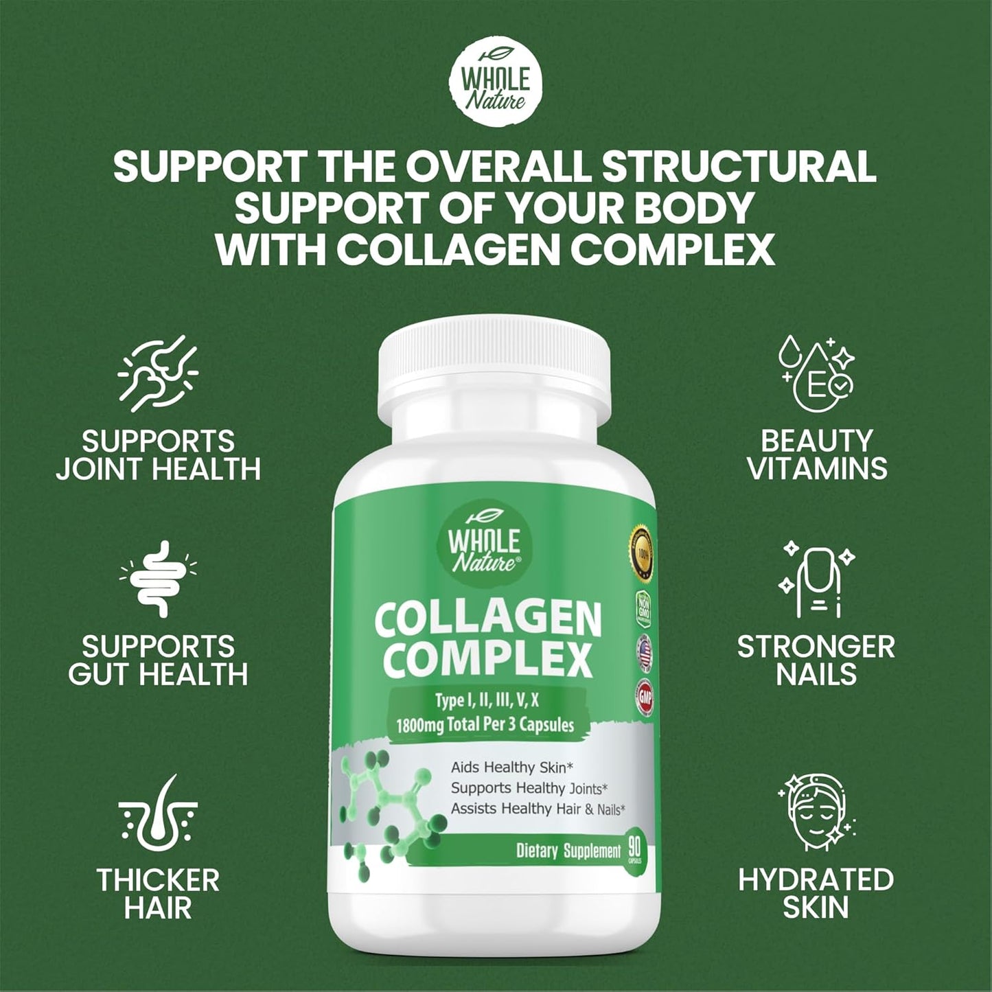 1800mg Whole Nature Multi Collagen Protein Peptides Capsules - Types I, II, III, V, X - Joint Support, Hair, Skin, Nails, Beauty Vitamins - 100% Natural Non-GMO - 90ct