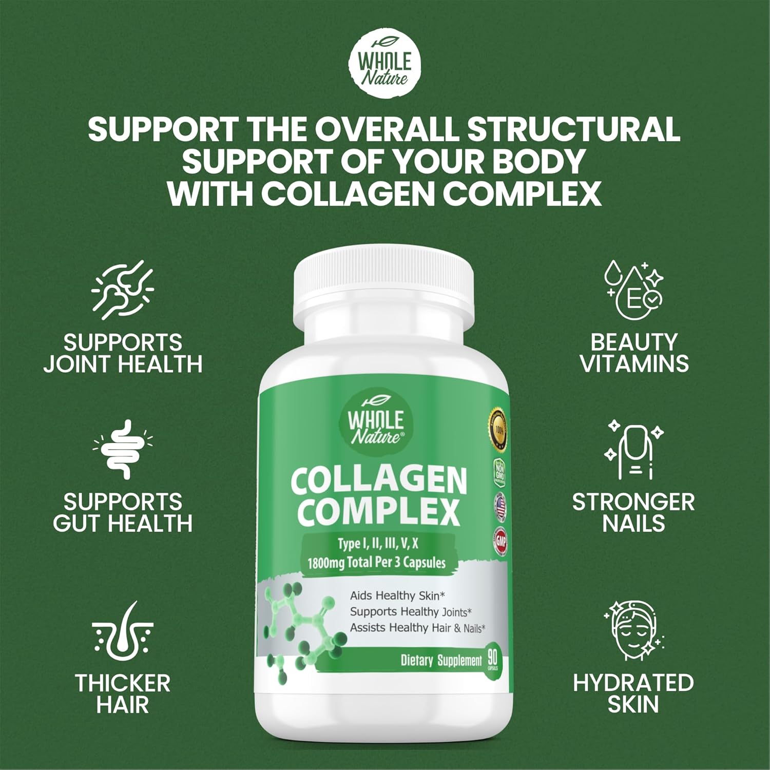 1800mg Whole Nature Multi Collagen Protein Peptides Capsules - Types I, II, III, V, X - Joint Support, Hair, Skin, Nails, Beauty Vitamins - 100% Natural Non-GMO - 90ct
