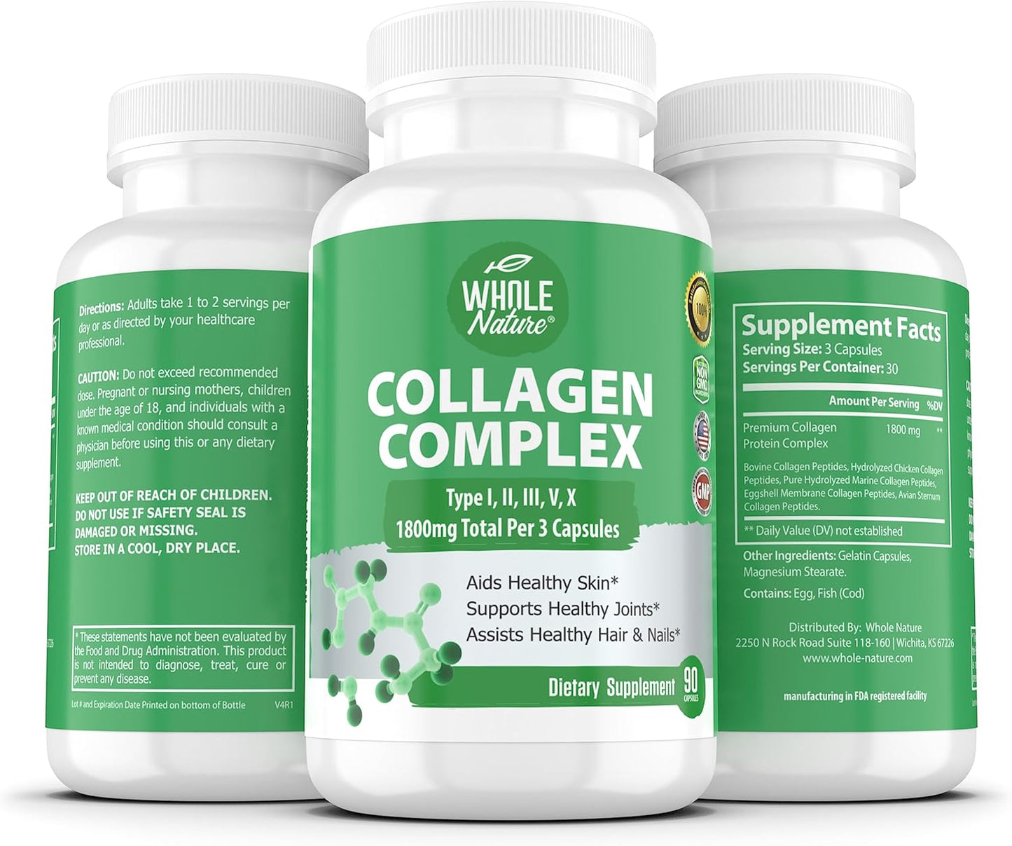 1800mg Whole Nature Multi Collagen Protein Peptides Capsules - Types I, II, III, V, X - Joint Support, Hair, Skin, Nails, Beauty Vitamins - 100% Natural Non-GMO - 90ct