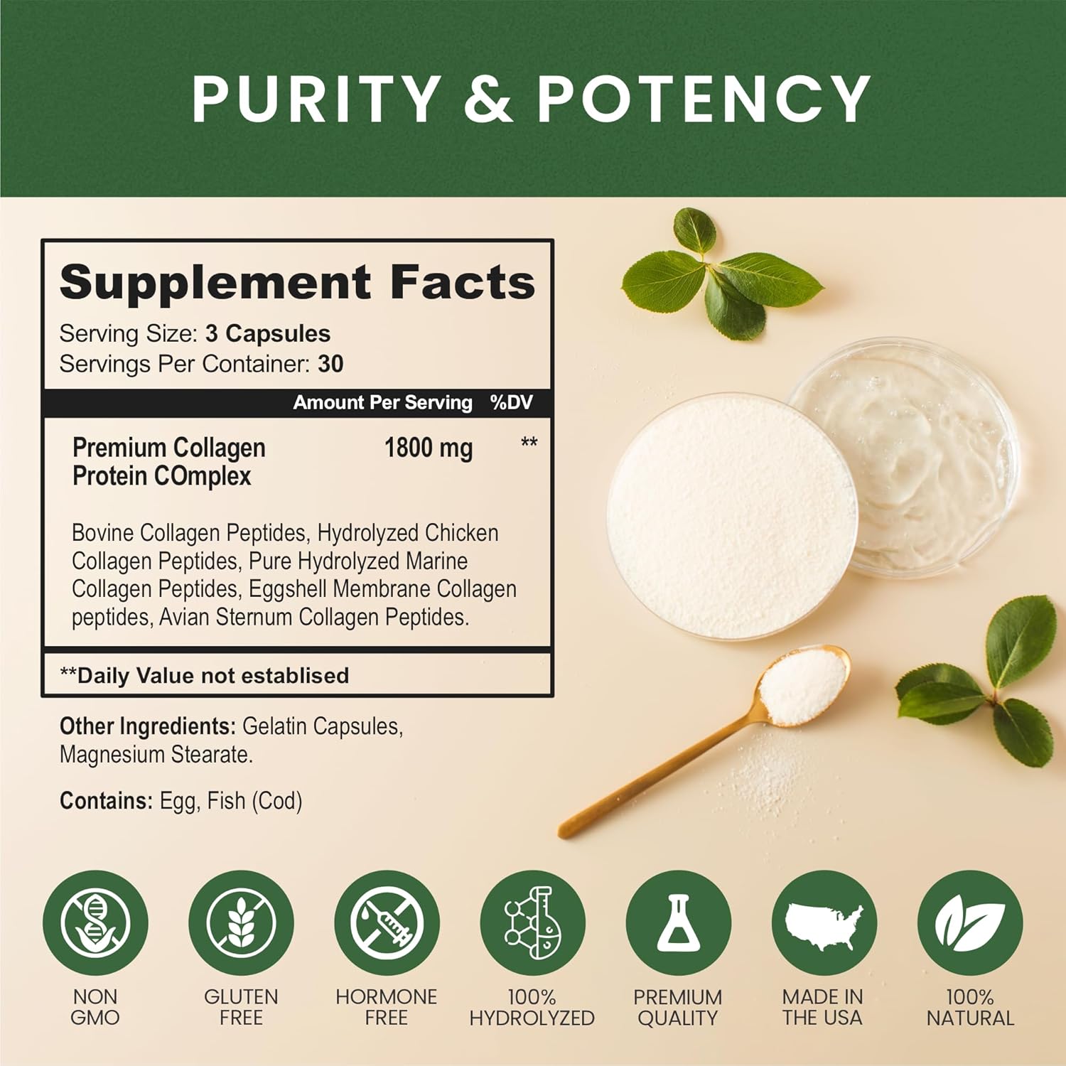 1800mg Whole Nature Multi Collagen Protein Peptides Capsules - Types I, II, III, V, X - Joint Support, Hair, Skin, Nails, Beauty Vitamins - 100% Natural Non-GMO - 90ct