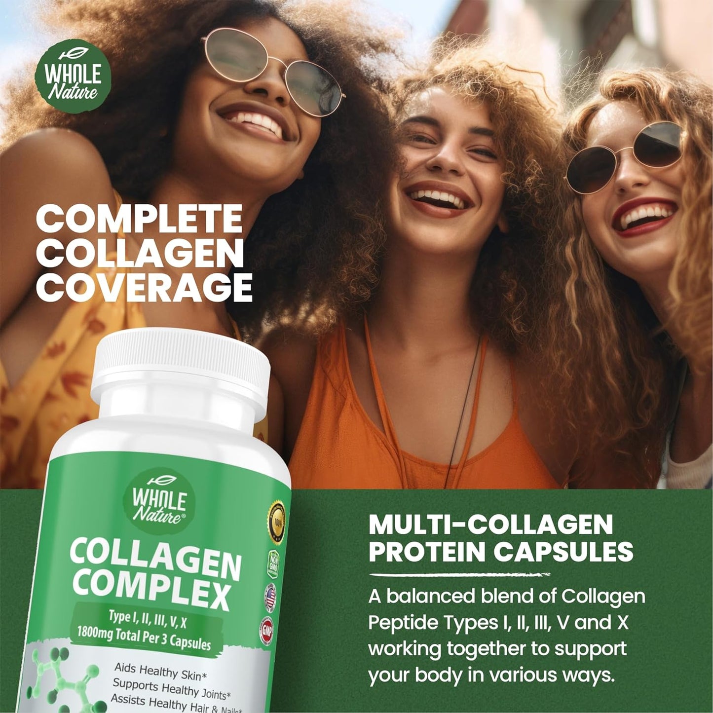 1800mg Whole Nature Multi Collagen Protein Peptides Capsules - Types I, II, III, V, X - Joint Support, Hair, Skin, Nails, Beauty Vitamins - 100% Natural Non-GMO - 90ct