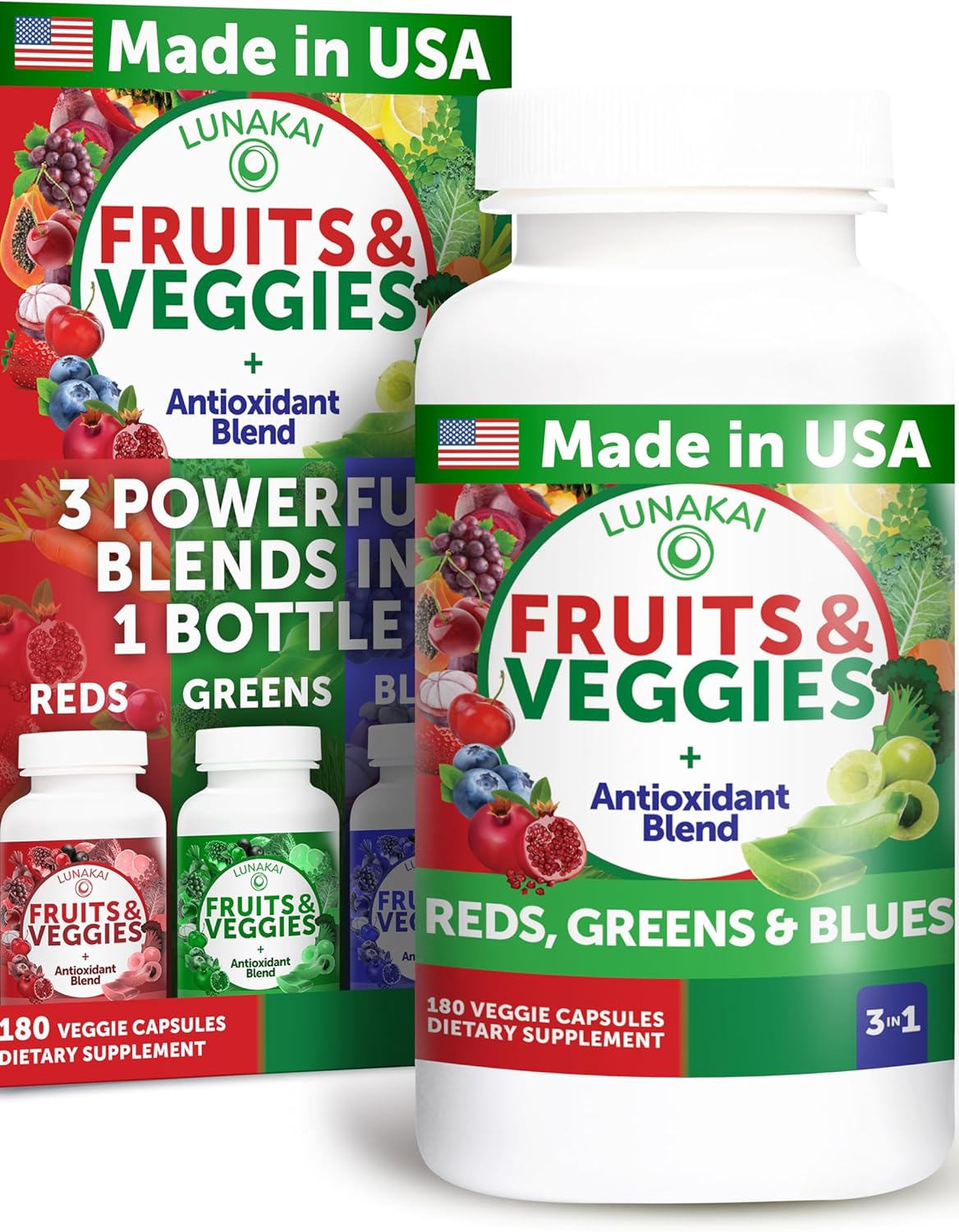 180ct Lunakai USA Made Superfood Fruits & Veggies Supplement - All-in-One with 4 Blends & Scented Capsules for Adults