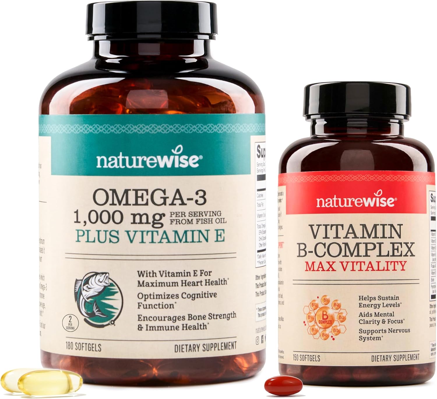 180ct NatureWise Omega 3 with Vitamin E & 150ct Vitamin B Complex Softgels for Men and Women [5-Month Supply]