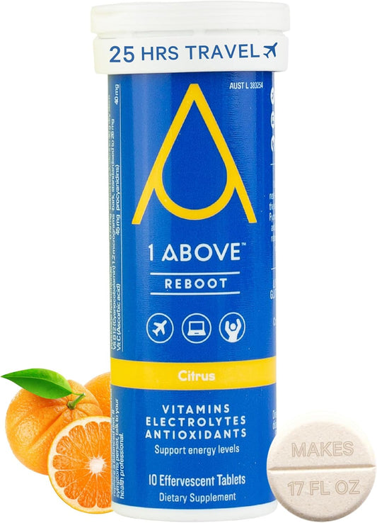 1ABOVE Jet Lag Relief Tablets - Citrus-Flavored Effervescent Multivitamin with Pycnogenol for Travel - Hydration, Energy, Immune Support - Flight Essential, 10 Tablets