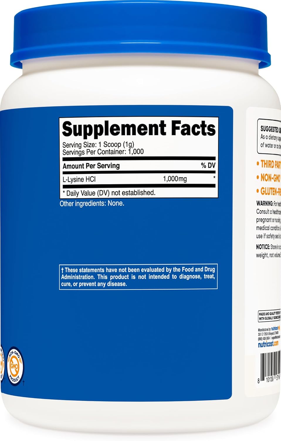 1KG Nutricost L-Lysine Powder - Pure, Non-GMO, Gluten Free
