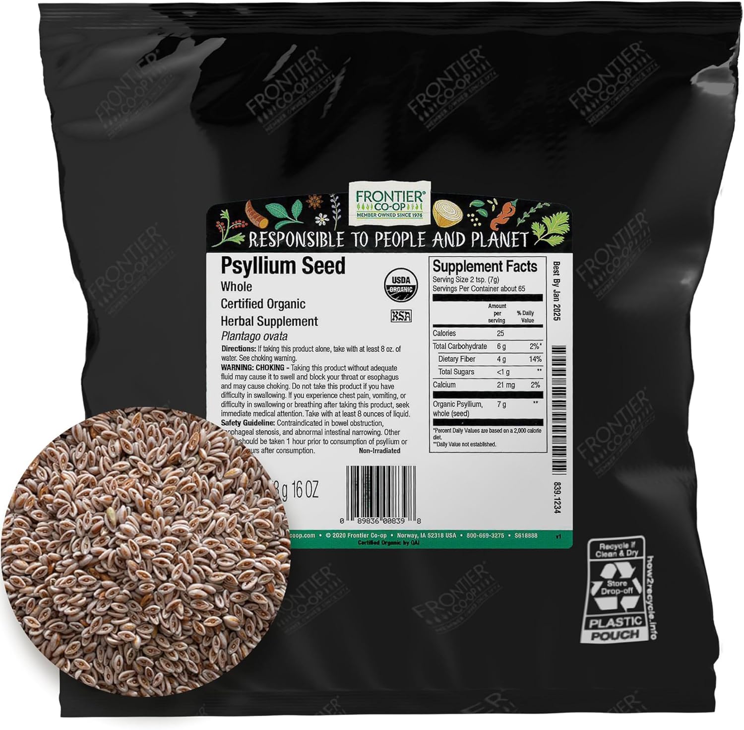 1lb Frontier Co-op Organic Whole Psyllium Seed - Natural Fiber Supplement for Digestive Health