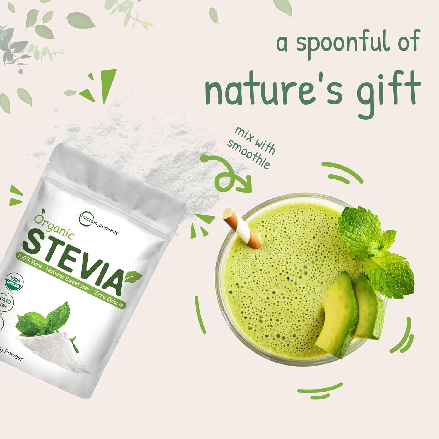 1lb Micro Ingredients Pure Organic Stevia Powder - 2,837 Servings, High Grade Green Leaf Extract Reb-A, 0 Calorie Natural Sweetener, Keto Friendly