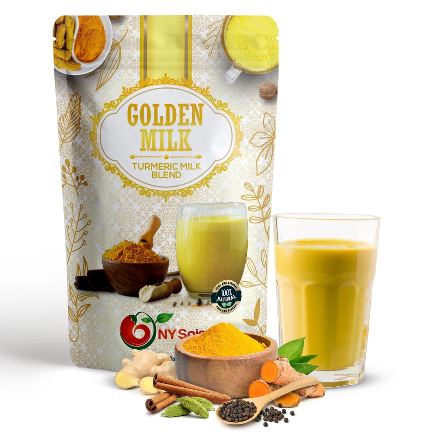 1lb NY SPICE SHOP Golden Milk Superfood Powder - Instant Latte Mix with Turmeric, Cinnamon, Ginger, Black Pepper, Nutmeg, & Cardamom