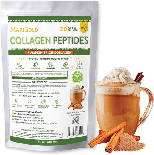 1LB Pumpkin Spice Grass-Fed Collagen Peptides Powder - Pure Type I & III Bovine Hydrolyzed Collagen - Non-GMO, Hormone/Soy/Gluten/Dairy Free - Keto-Friendly
