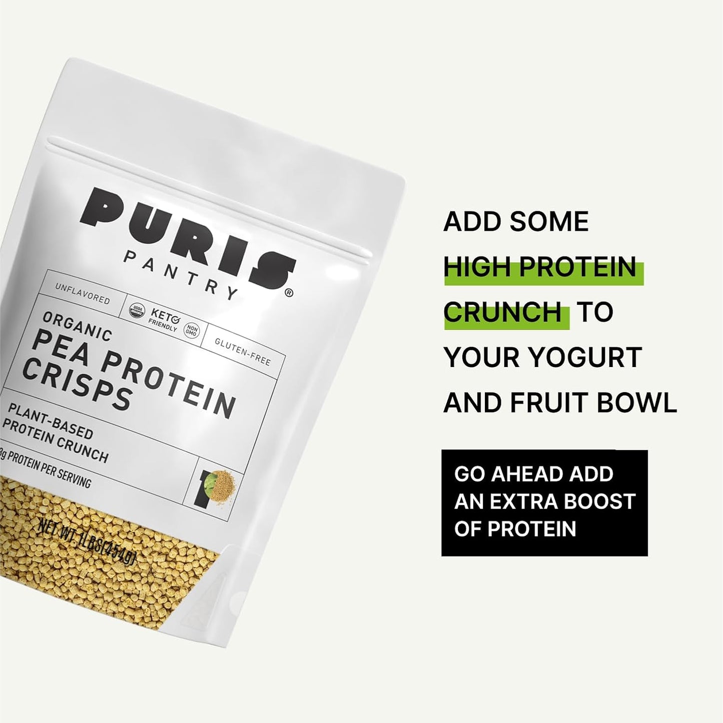 1LB PURIS Organic Pea Protein Crisps - Keto Protein Crunch, Made in USA, Non-GMO, Gluten-Free, No Sugar, No Soy, 18g Protein, 7g Carbs.