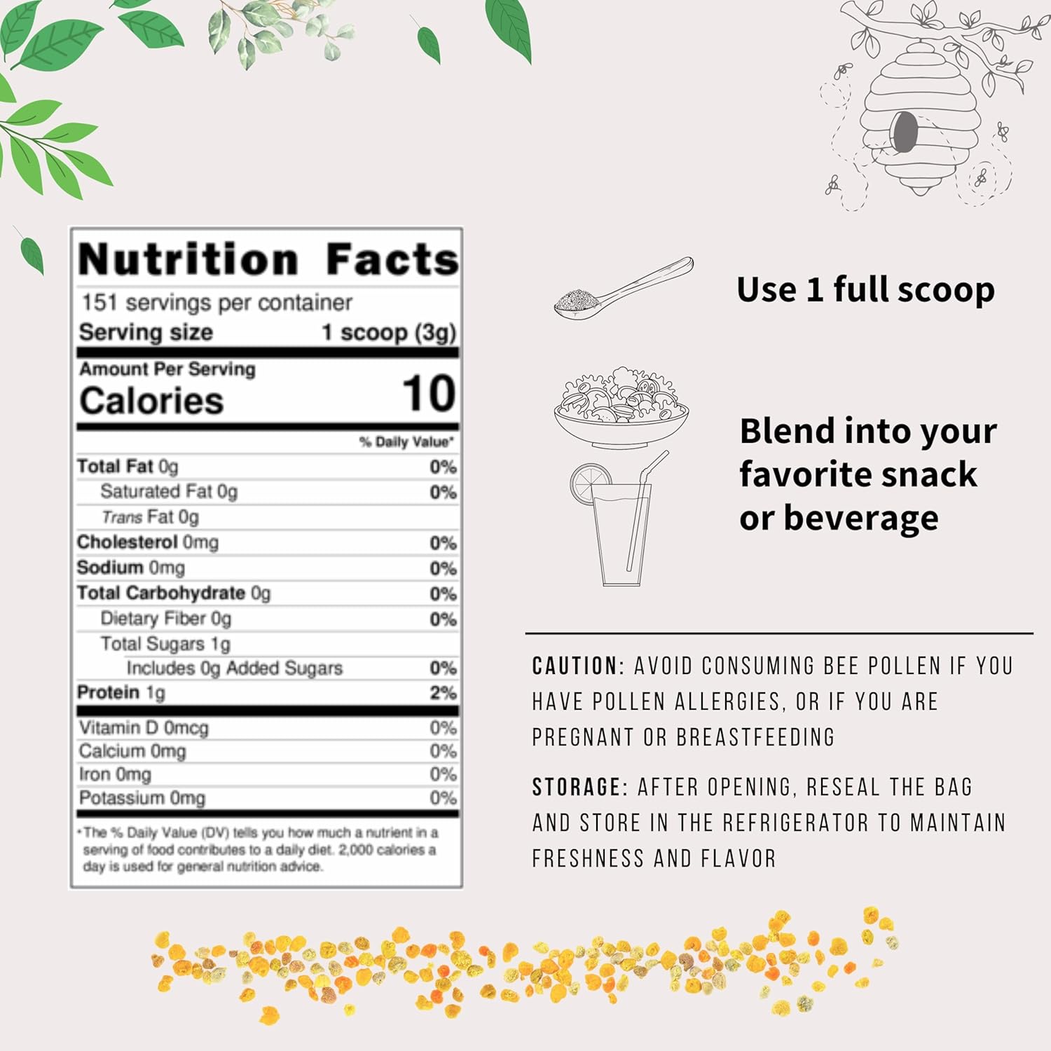 1lb Raw Bee Pollen Granules: Freshly Harvested Superfood Rich in B Vitamins, Minerals, Protein, & Antioxidants - Ideal for Keto Diet | Non-GMO | Sweet Flavor