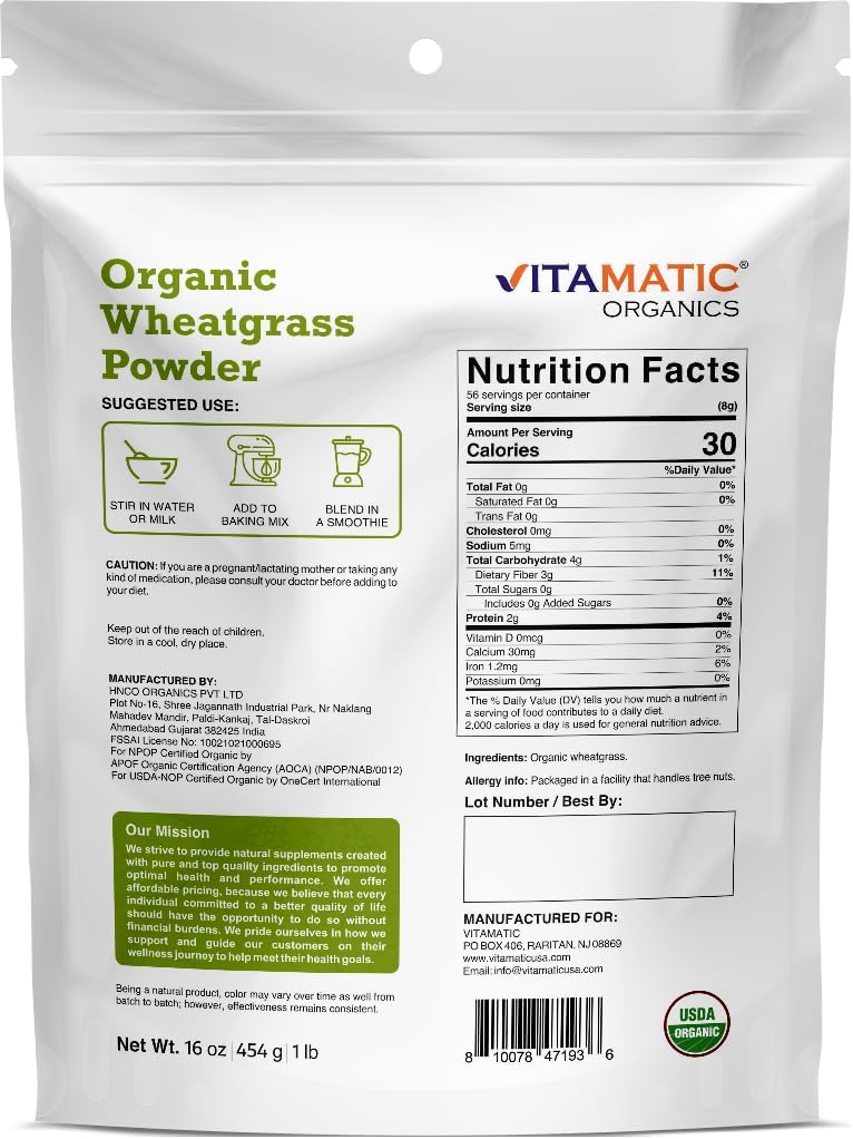 1lb Vitamatic USDA Organic Wheatgrass Powder - Pure & Natural Superfood Supplement - 16oz Pack