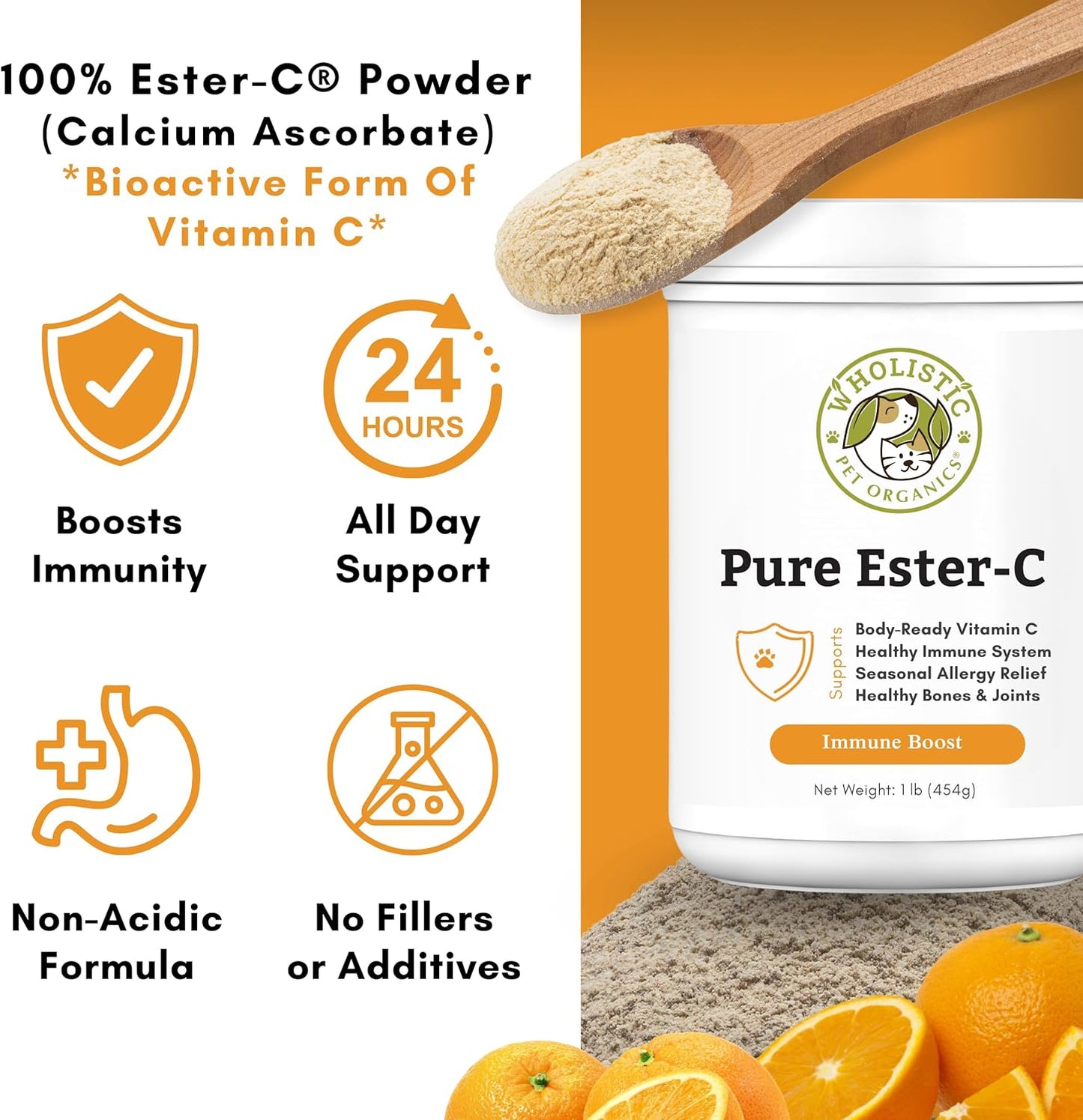 1lb Wholistic Pet Organics Pure Ester-C Powder: Vitamin C Supplement for Dogs & Cats - Immune & Skin Health Support - Allergy Relief & Itchy Skin Solution