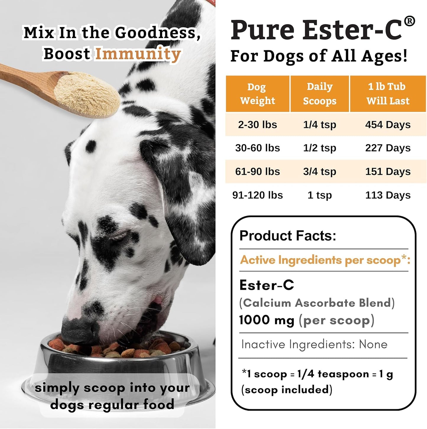 1lb Wholistic Pet Organics Pure Ester-C Powder: Vitamin C Supplement for Dogs & Cats - Immune & Skin Health Support - Allergy Relief & Itchy Skin Solution