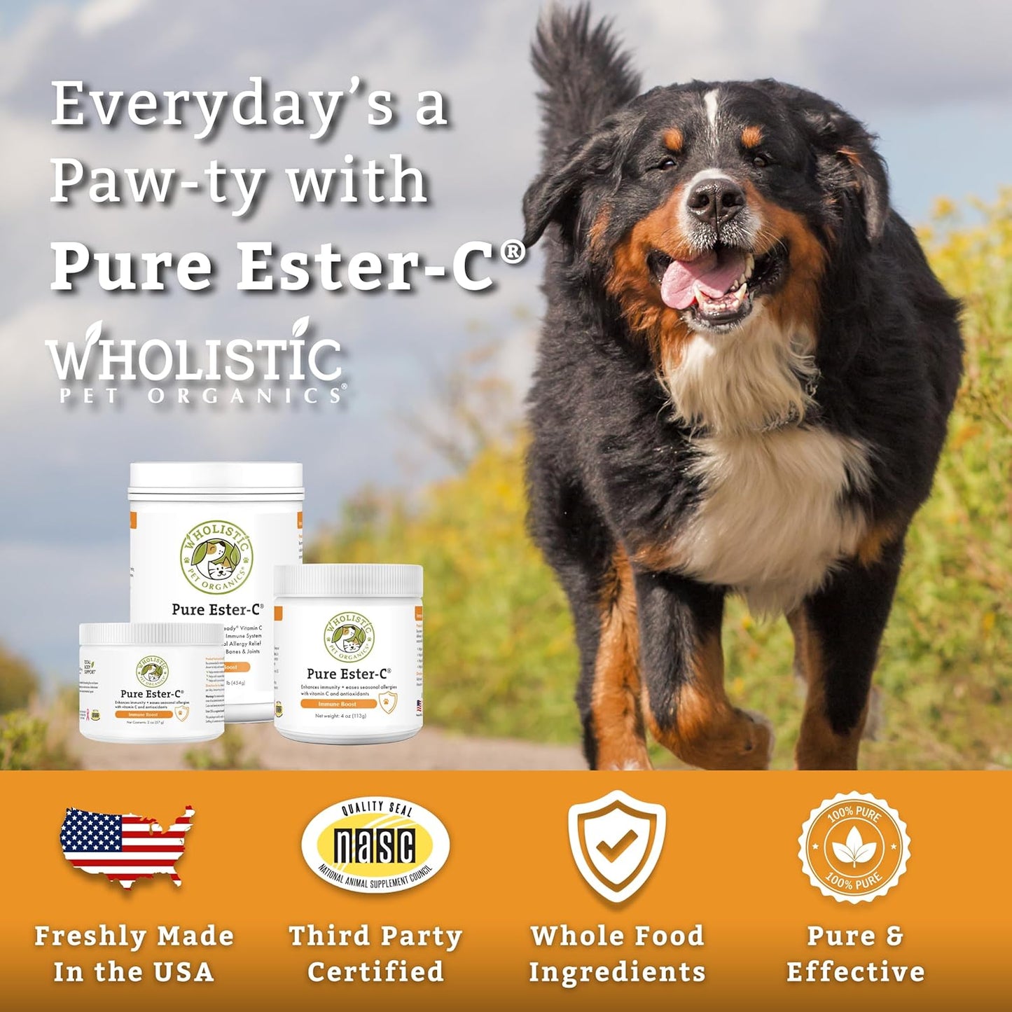 1lb Wholistic Pet Organics Pure Ester-C Powder: Vitamin C Supplement for Dogs & Cats - Immune & Skin Health Support - Allergy Relief & Itchy Skin Solution