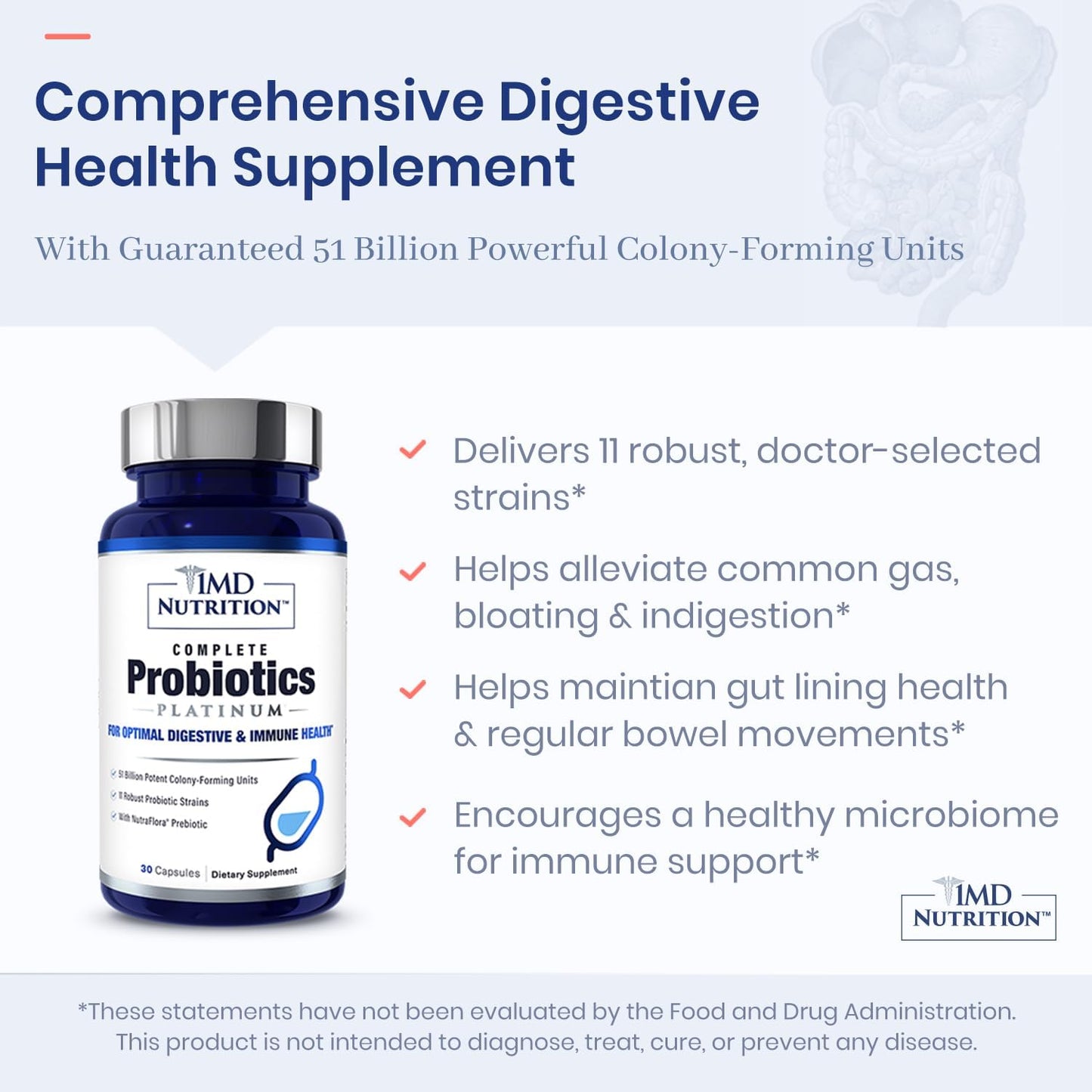 1MD Complete Probiotics Platinum 3-Pack - 51 Billion Live CFU, 11 Strains, Dairy-Free - Digestive Health Support with Prebiotics - 30 Vegetable Capsules
