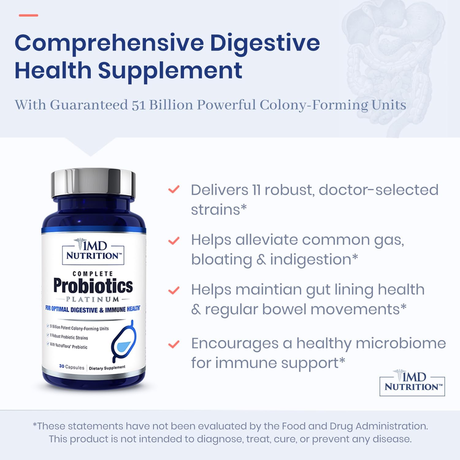 1MD Complete Probiotics Platinum 3-Pack - 51 Billion Live CFU, 11 Strains, Dairy-Free - Digestive Health Support with Prebiotics - 30 Vegetable Capsules