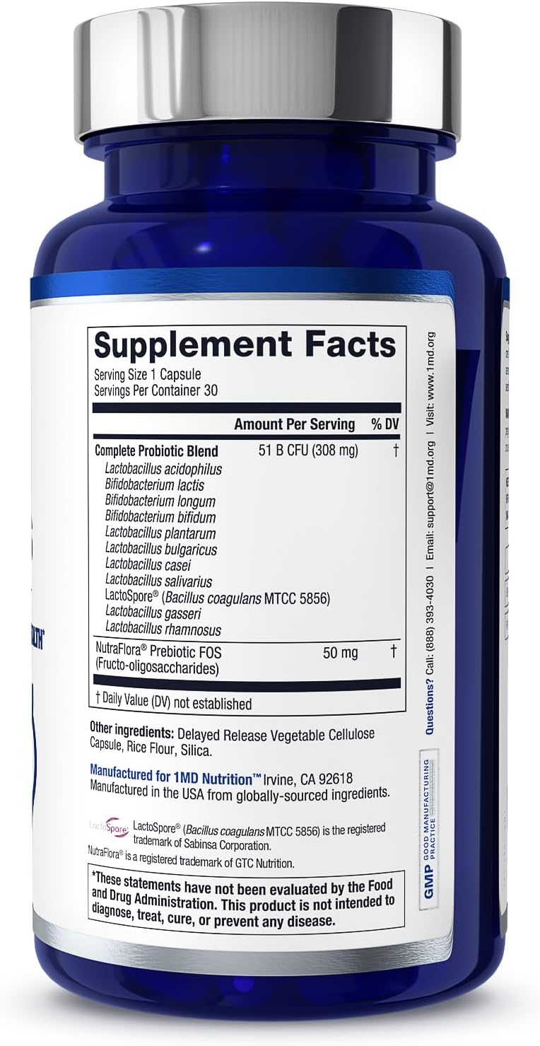 1MD Complete Probiotics Platinum 3-Pack - 51 Billion Live CFU, 11 Strains, Dairy-Free - Digestive Health Support with Prebiotics - 30 Vegetable Capsules
