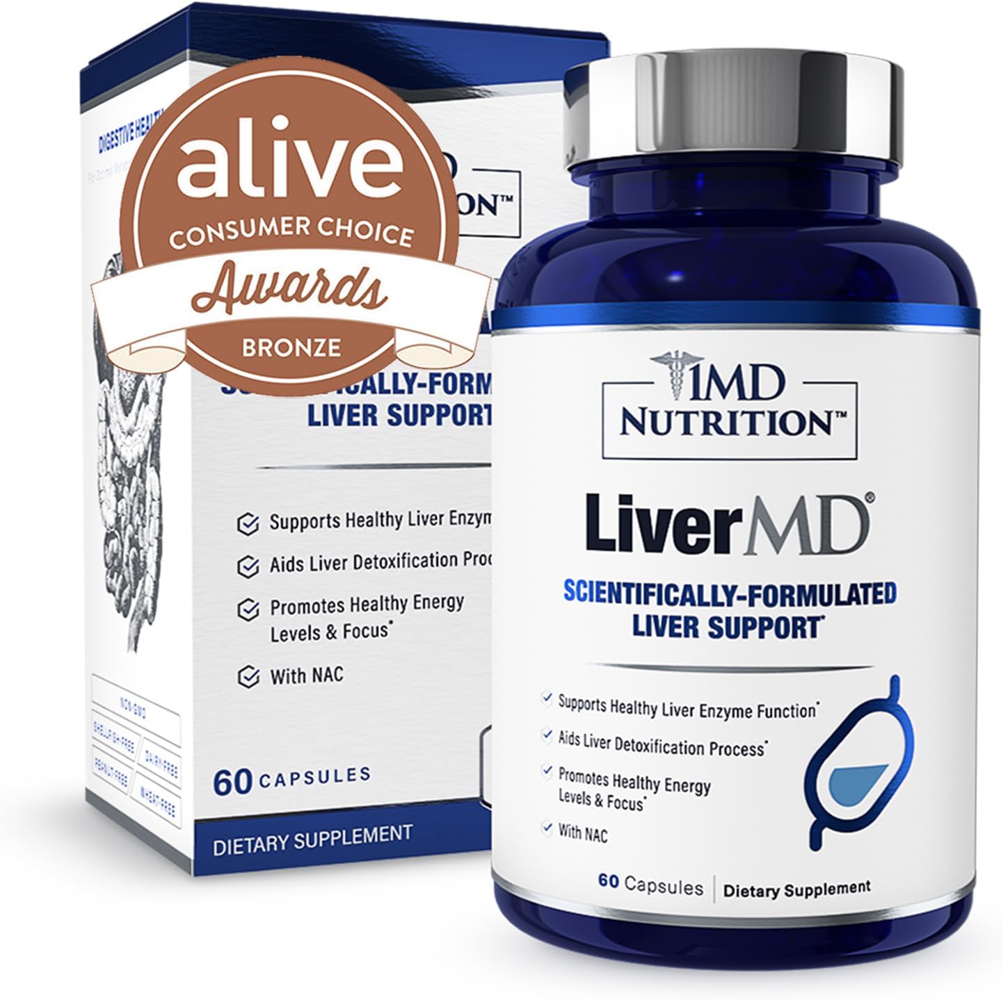 1MD LiverMD - Liver Support Supplement with Siliphos Milk Thistle Extract - Highly Bioavailable for Liver Health - 60 Capsules