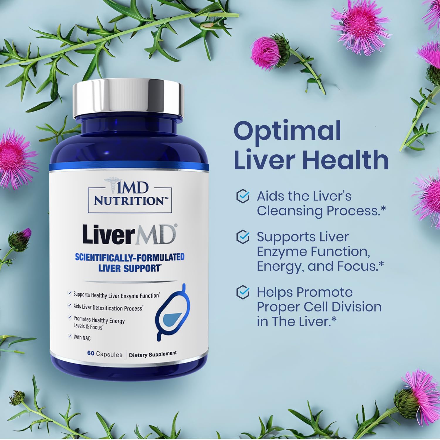 1MD LiverMD - Liver Support Supplement with Siliphos Milk Thistle Extract - Highly Bioavailable for Liver Health - 60 Capsules