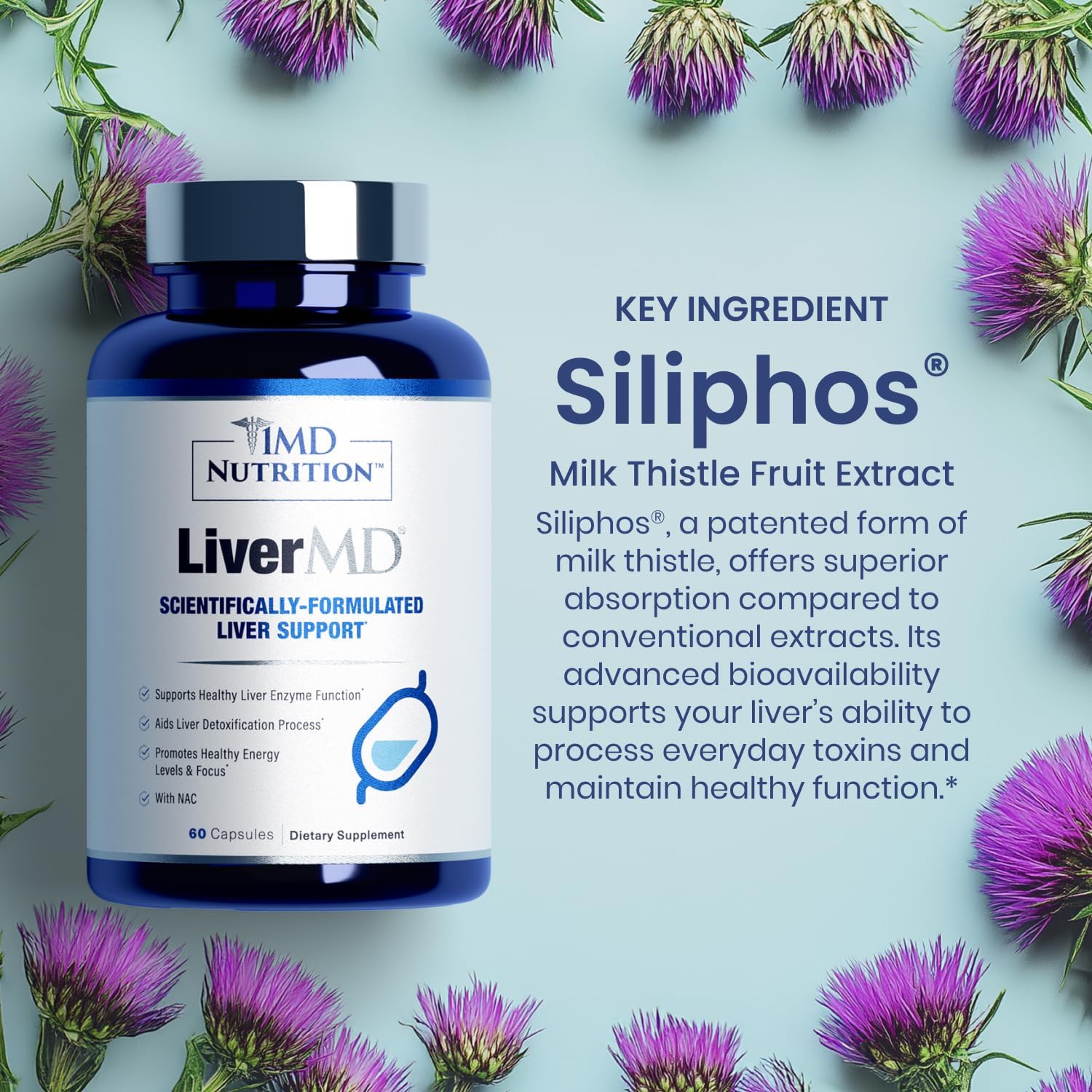 1MD LiverMD - Liver Support Supplement with Siliphos Milk Thistle Extract - Highly Bioavailable for Liver Health - 60 Capsules