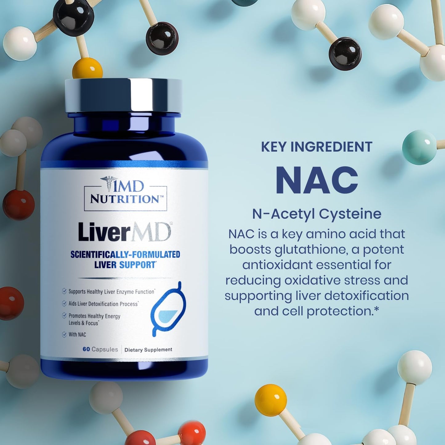 1MD LiverMD - Liver Support Supplement with Siliphos Milk Thistle Extract - Highly Bioavailable for Liver Health - 60 Capsules