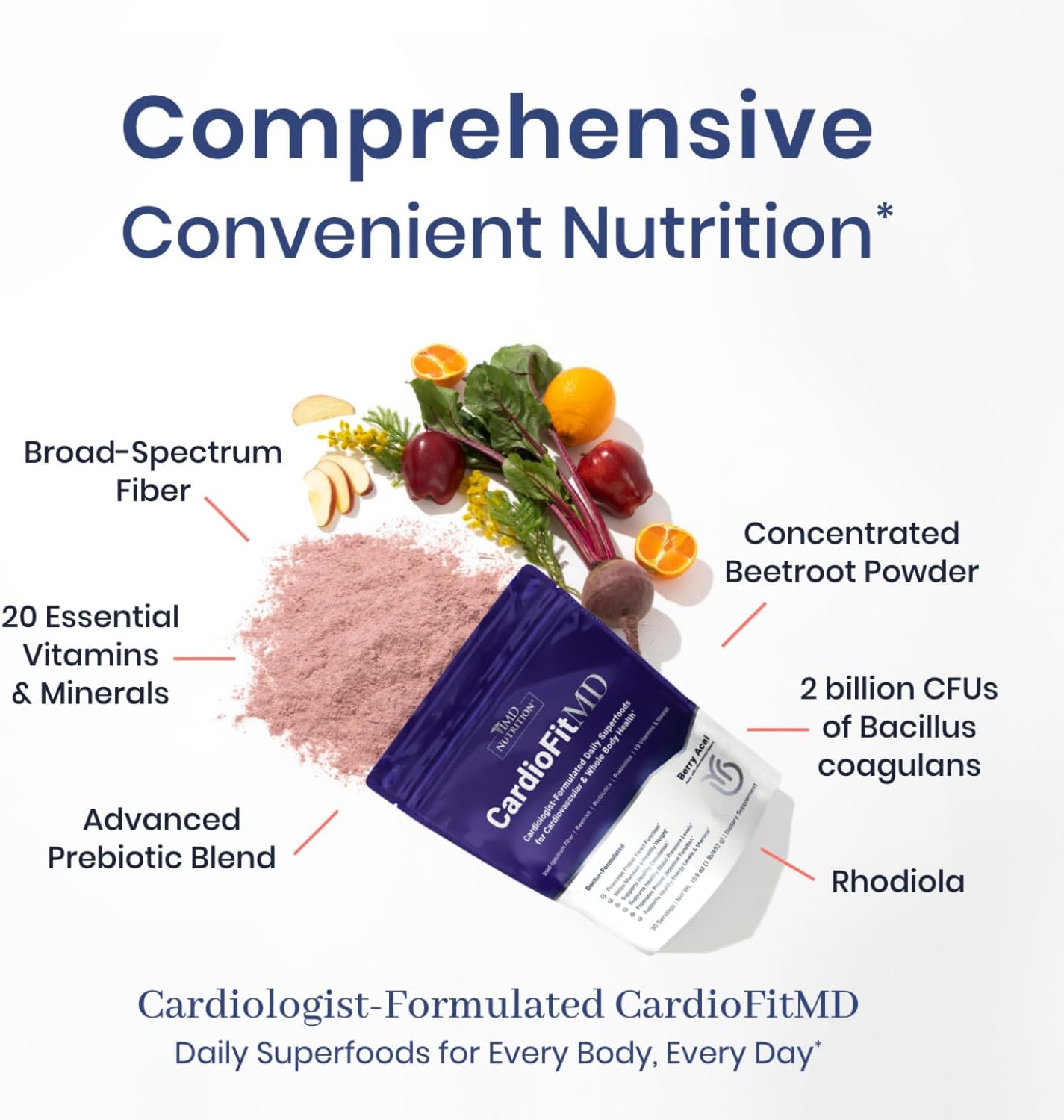 1MD Nutrition CardioFitMD - Vegan Beets Superfood Powder for Heart Health & Circulation - Nitric Oxide Supplement - Beet Root Powder for Healthy Blood Pressure - High Fiber Keto-Friendly Drink - 30 Day Supply