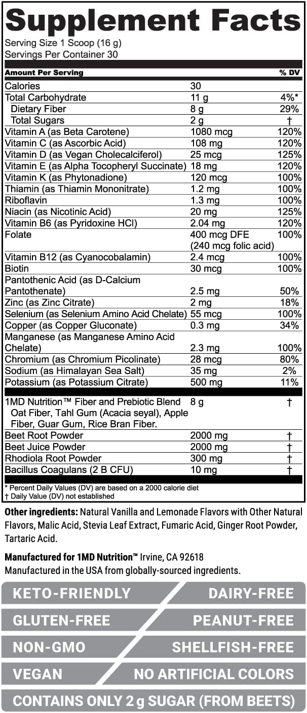 1MD Nutrition CardioFitMD - Vegan Beets Superfood Powder for Heart Health & Circulation - Nitric Oxide Supplement - Beet Root Powder for Healthy Blood Pressure - High Fiber Keto-Friendly Drink - 30 Day Supply