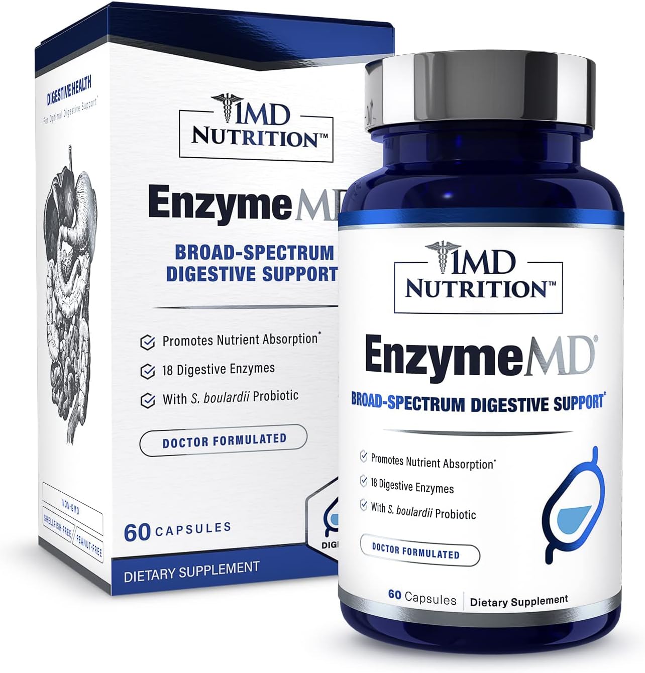 1MD Nutrition EnzymeMD: Plant-Based Digestive Enzyme Supplement for Gas & Bloating - 60 Capsules