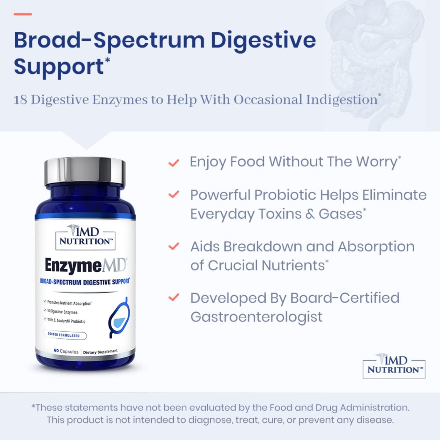 1MD Nutrition EnzymeMD: Plant-Based Digestive Enzyme Supplement for Gas & Bloating - 60 Capsules