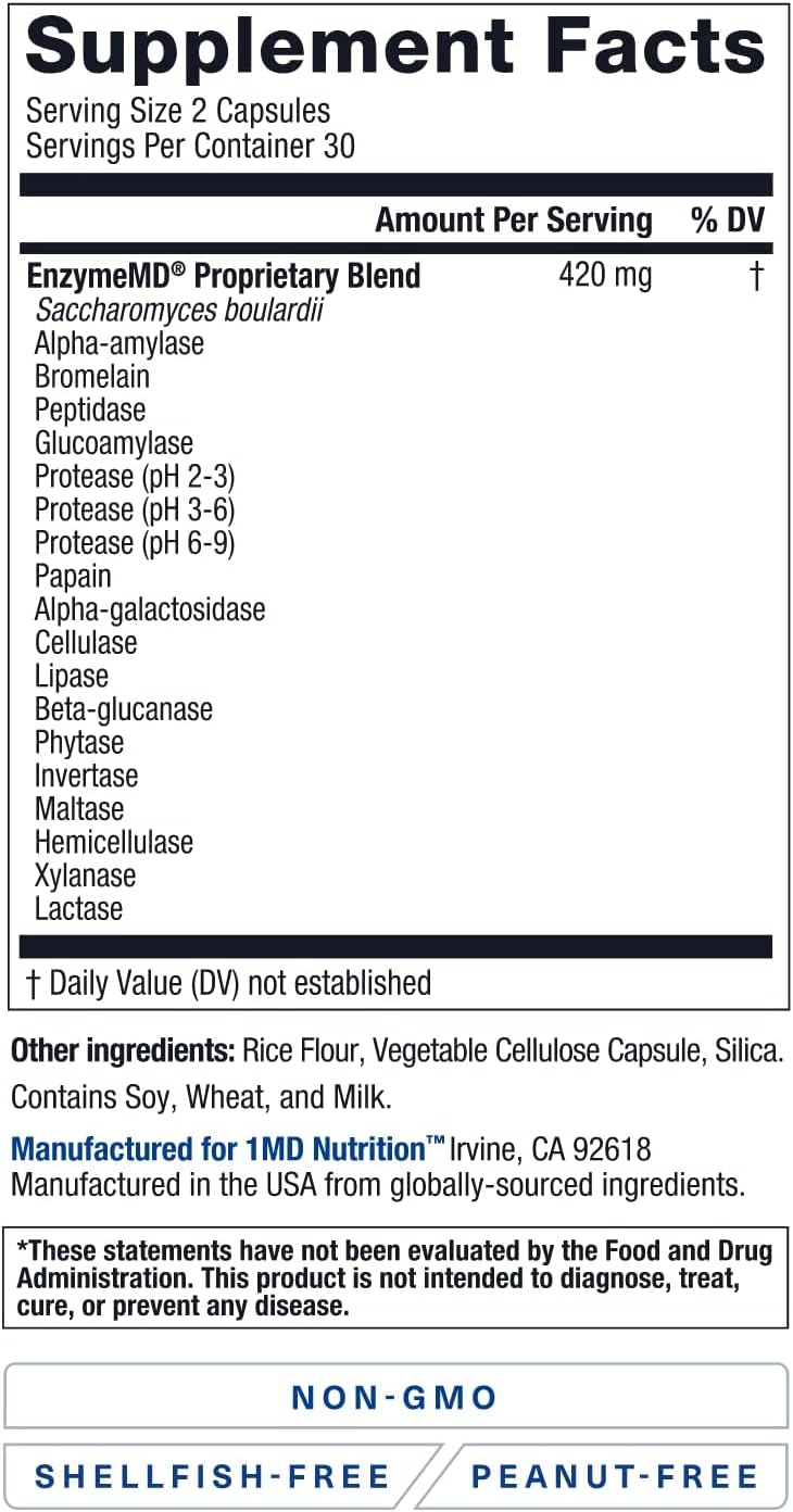 1MD Nutrition EnzymeMD: Plant-Based Digestive Enzyme Supplement for Gas & Bloating - 60 Capsules