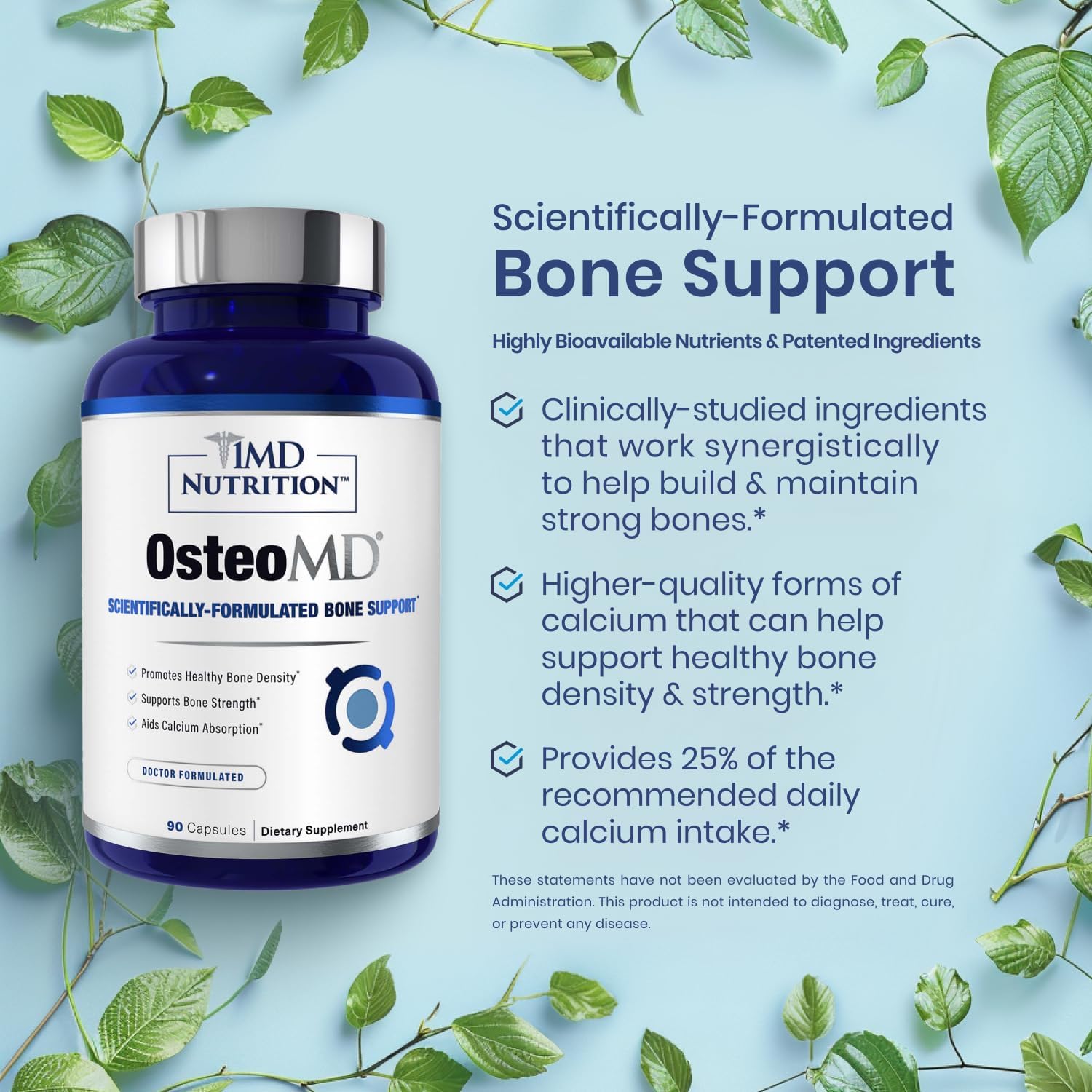 1MD Nutrition OsteoMD: Comprehensive Support Supplement for Women and Men - Promotes Bone Density with Vitamin D - Contains Hydroxyapatite, Vitamin D3, and K2 - 90 Capsules