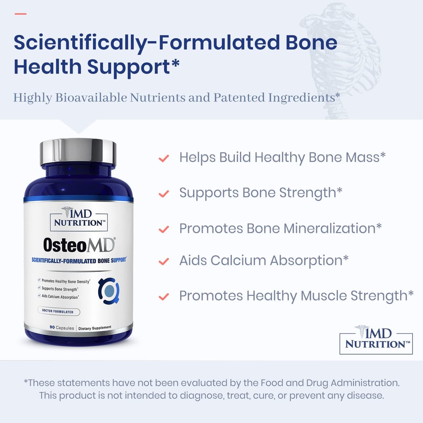 1MD Nutrition OsteoMD: Comprehensive Support Supplement for Women and Men - Promotes Bone Density with Vitamin D - Contains Hydroxyapatite, Vitamin D3, and K2 - 90 Capsules