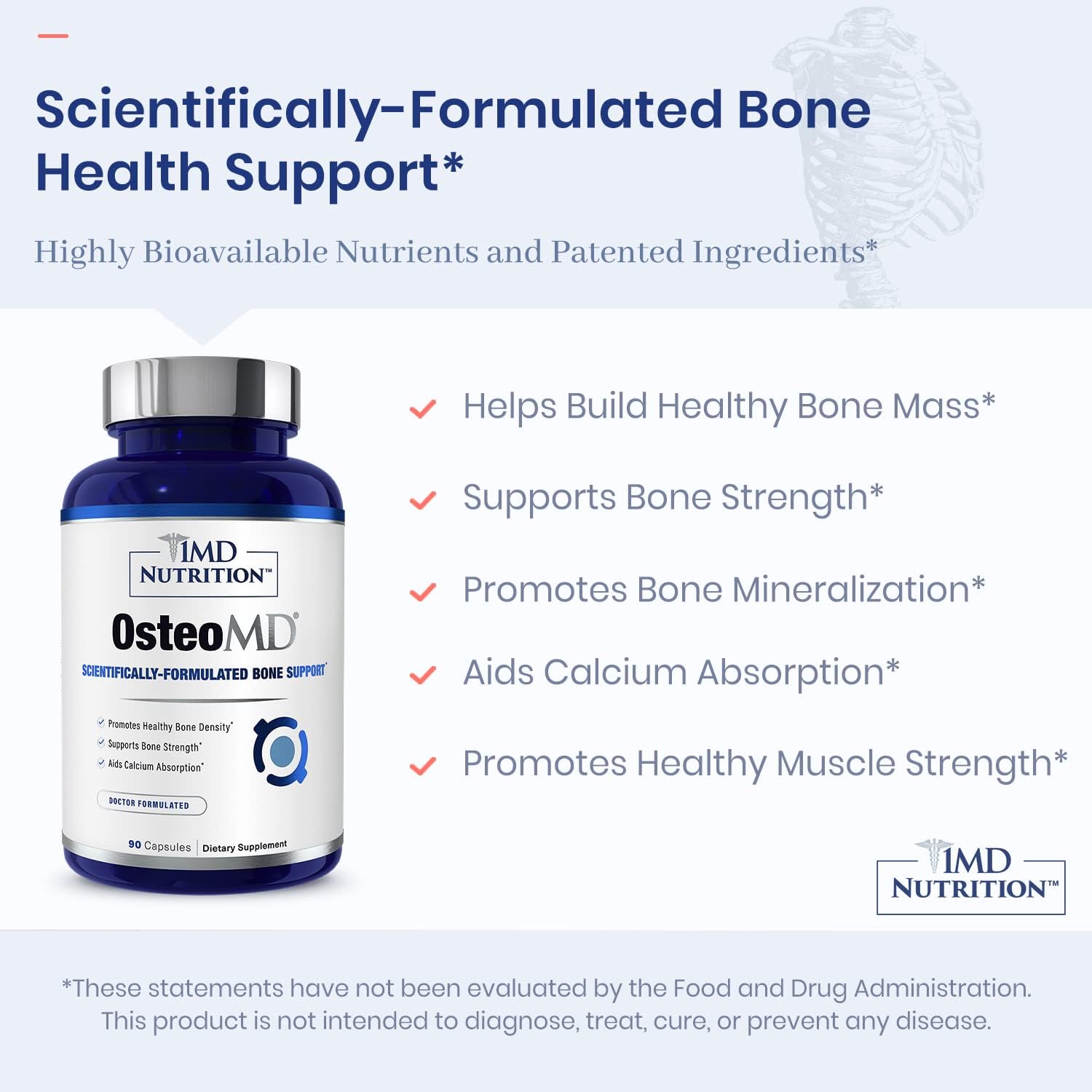 1MD Nutrition OsteoMD: Comprehensive Support Supplement for Women and Men - Promotes Bone Density with Vitamin D - Contains Hydroxyapatite, Vitamin D3, and K2 - 90 Capsules