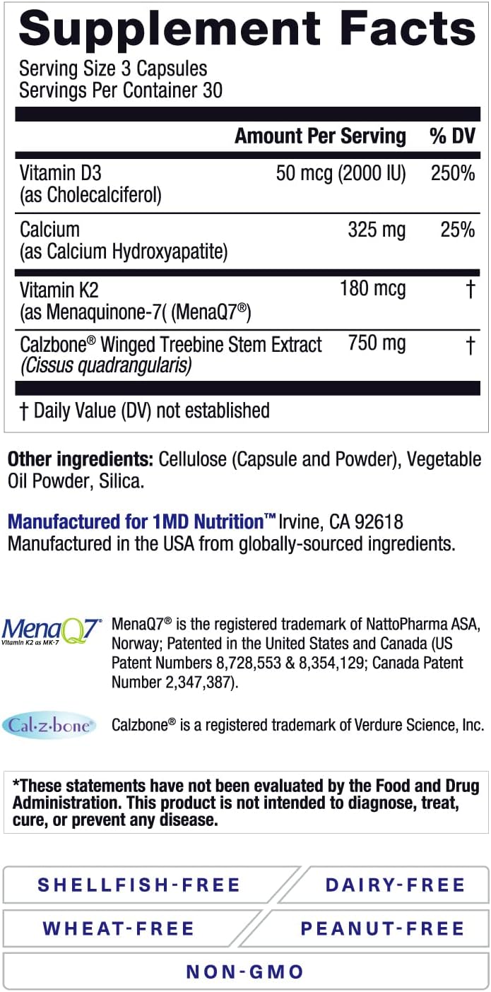 1MD Nutrition OsteoMD: Comprehensive Support Supplement for Women and Men - Promotes Bone Density with Vitamin D - Contains Hydroxyapatite, Vitamin D3, and K2 - 90 Capsules