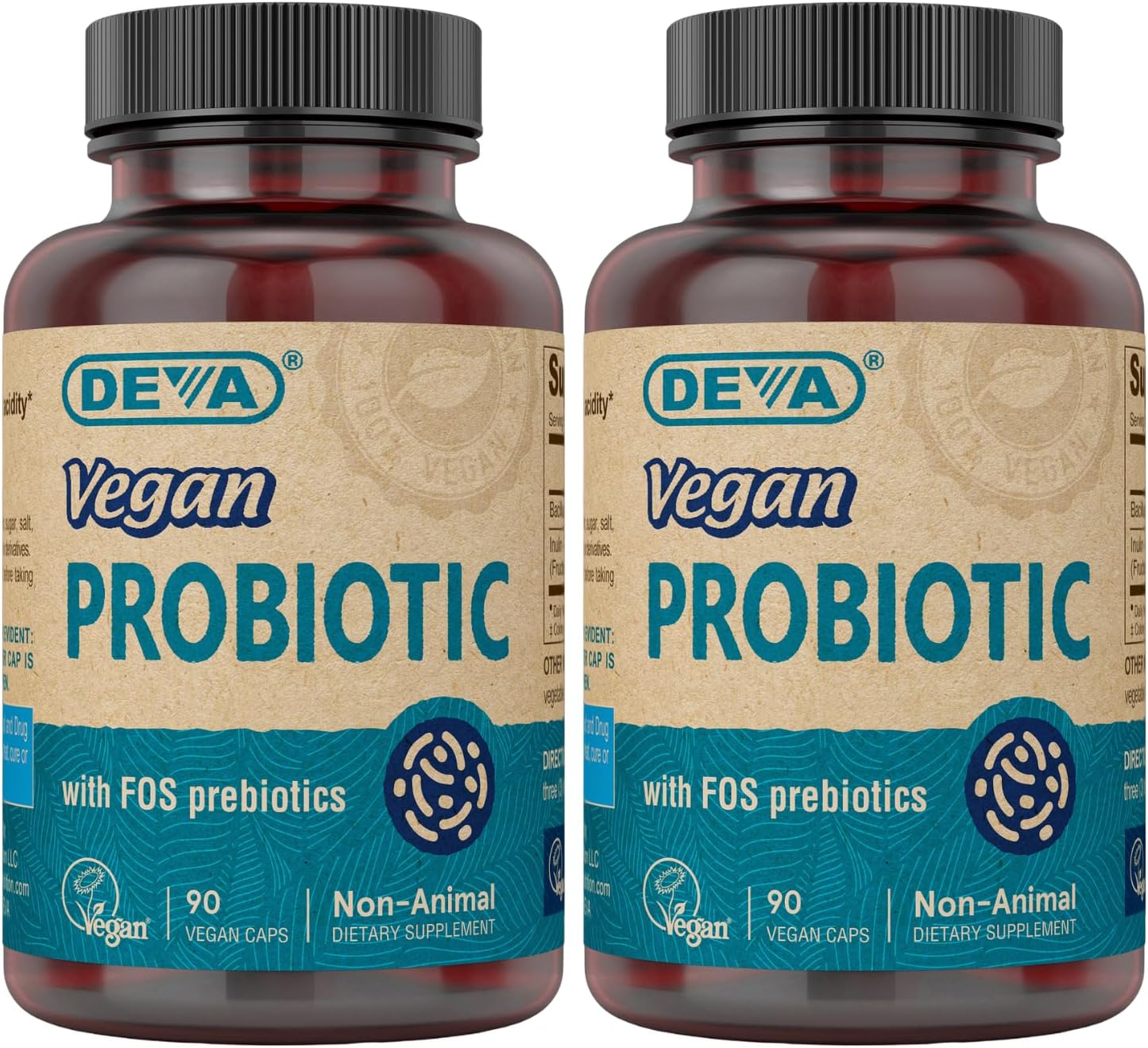 2 Billion CFU Vegan Probiotic Supplement with FOS Prebiotics - Non-Dairy & Gluten-Free Formula for Men & Women - 90 Capsules x 2-Pack - Shelf Stable & Natural