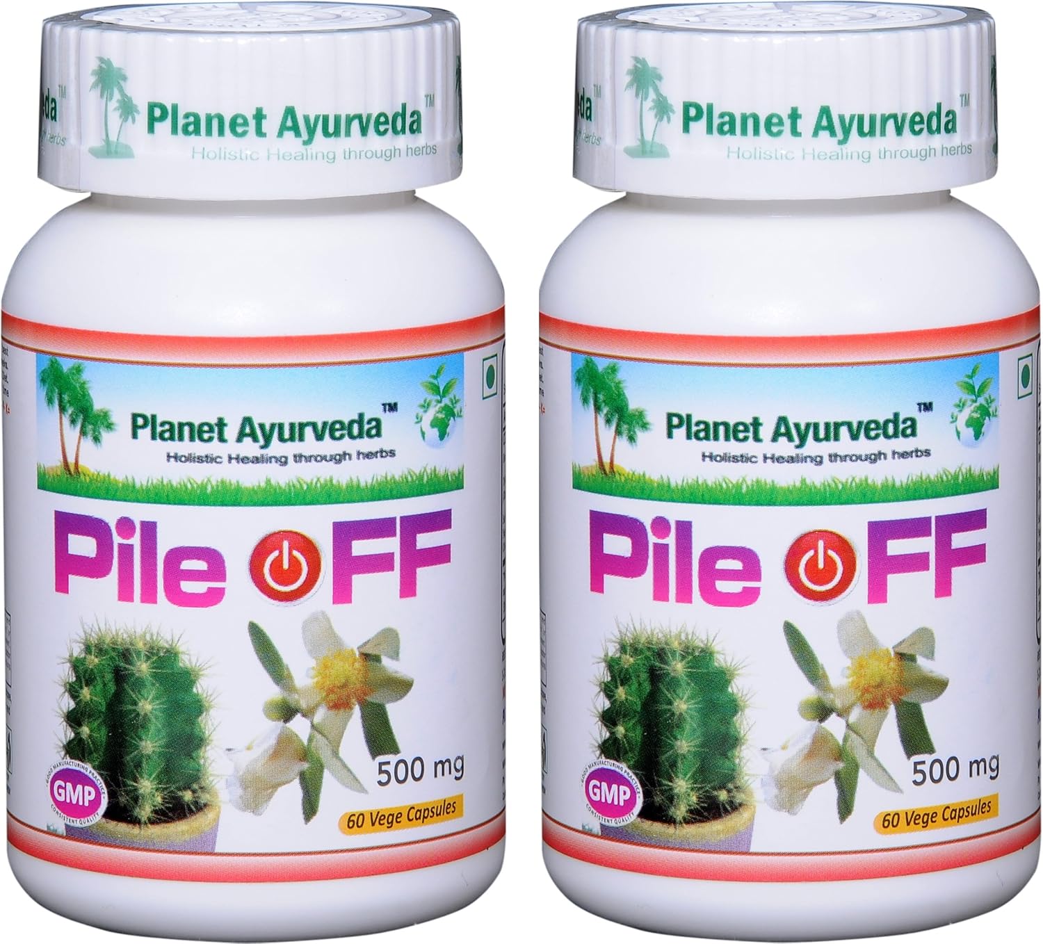 2 Bottles of Planet Ayurveda Pile Off 500mg Veg Capsules - Natural Hemorrhoid Relief