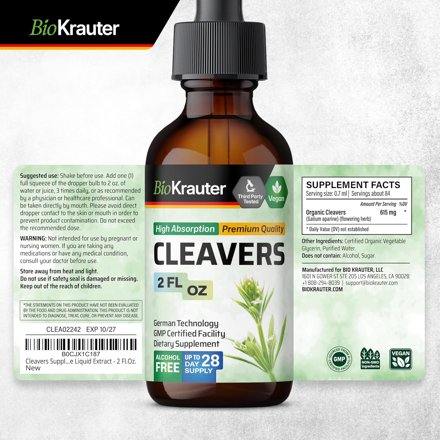 2 Fl. Oz. BIO KRAUTER Stinging Nettle and Cleavers Tincture Set