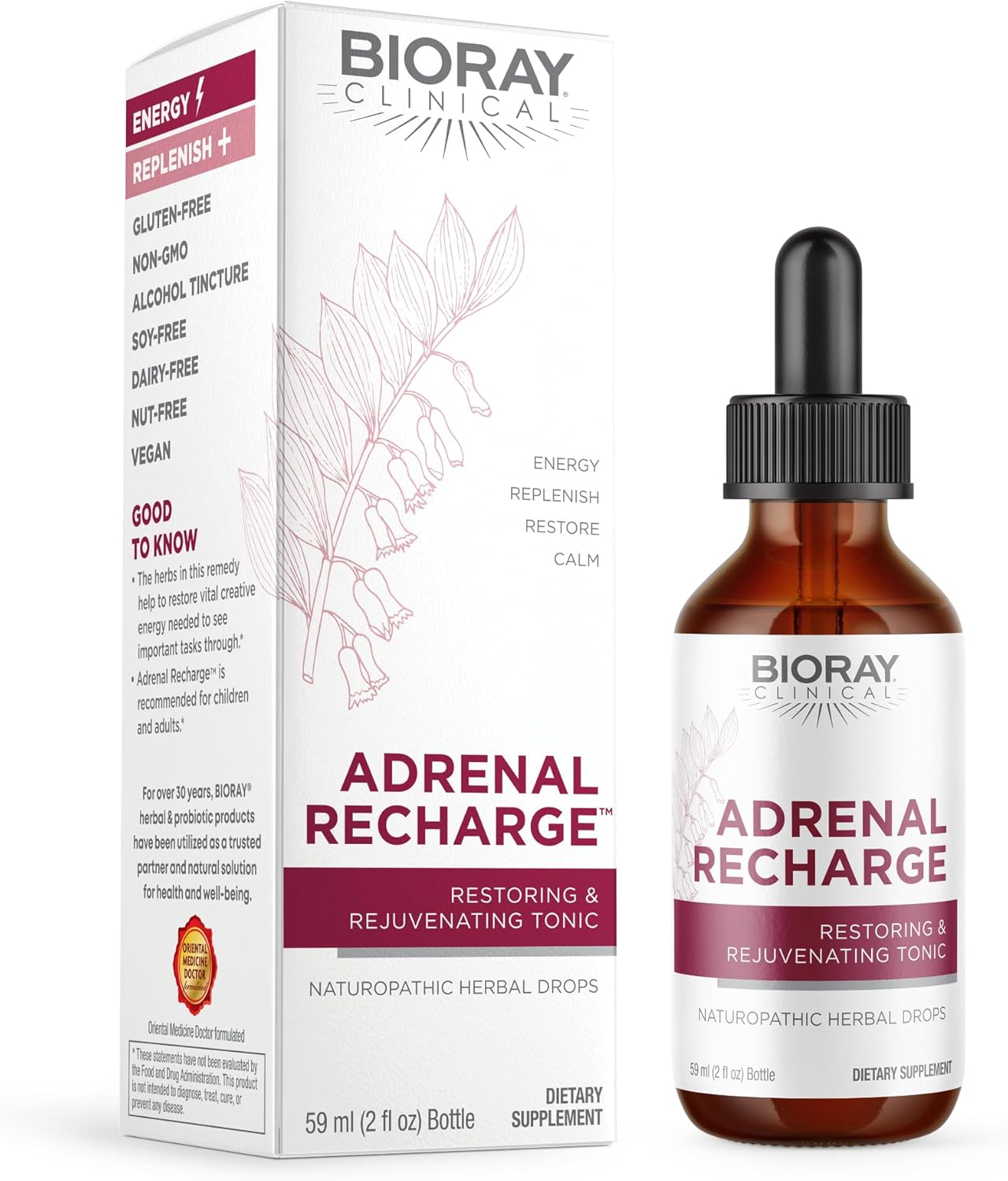 2 fl oz BIORAY Clinical Adrenal Recharge Alcohol Tincture - Non-GMO, Vegan, Gluten Free - Restoring & Rejuvenating Formula