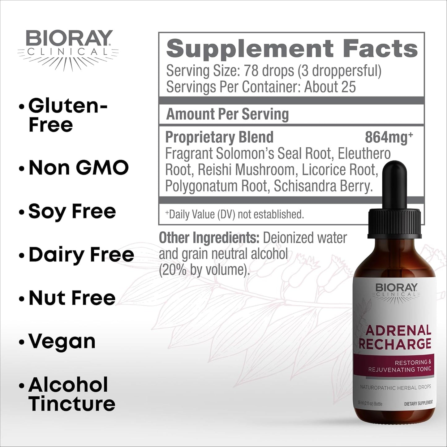2 fl oz BIORAY Clinical Adrenal Recharge Alcohol Tincture - Non-GMO, Vegan, Gluten Free - Restoring & Rejuvenating Formula