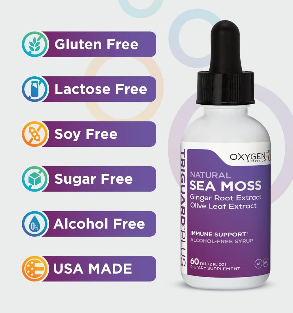 2 fl oz Oxygen Nutrition TriGuard Plus Sea Moss Liquid Tincture with Irish Sea Moss, Olive Leaf, & Ginger Root Extract for Thyroid, Digestion, Immune Support, & Energy - Alcohol-Free, Non-GMO - Made in USA