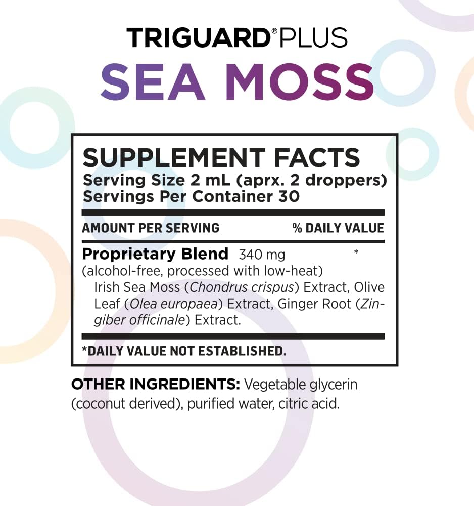 2 fl oz Oxygen Nutrition TriGuard Plus Sea Moss Liquid Tincture with Irish Sea Moss, Olive Leaf, & Ginger Root Extract for Thyroid, Digestion, Immune Support, & Energy - Alcohol-Free, Non-GMO - Made in USA