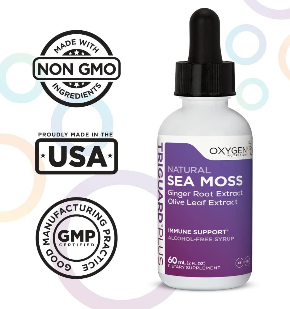 2 fl oz Oxygen Nutrition TriGuard Plus Sea Moss Liquid Tincture with Irish Sea Moss, Olive Leaf, & Ginger Root Extract for Thyroid, Digestion, Immune Support, & Energy - Alcohol-Free, Non-GMO - Made in USA