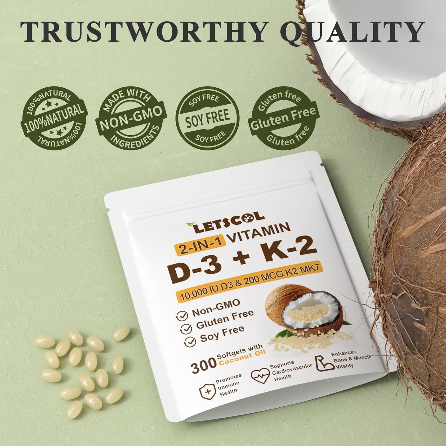 2-in-1 Vitamin D3 K2 Softgel Supplement - 10000 IU D3, 200 mcg K2 MK7 - Immune, Heart, Joint, Teeth, Bone Health Support