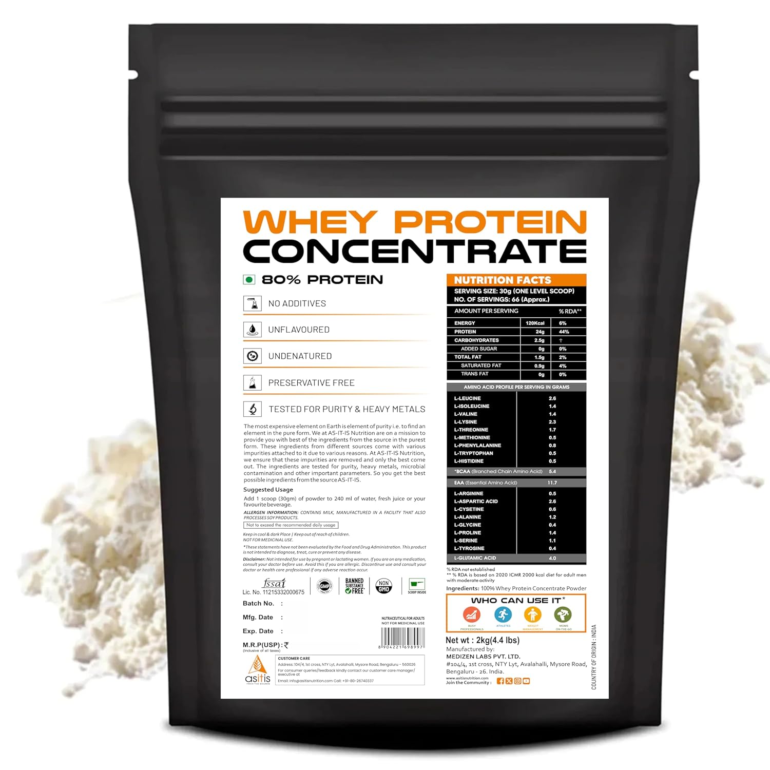 2 Kg Asitis Nutrition Whey Protein Concentrate - Natural Raw Form for Recovery & Muscle Loss - Unsweetened & Unflavoured - No Preservatives