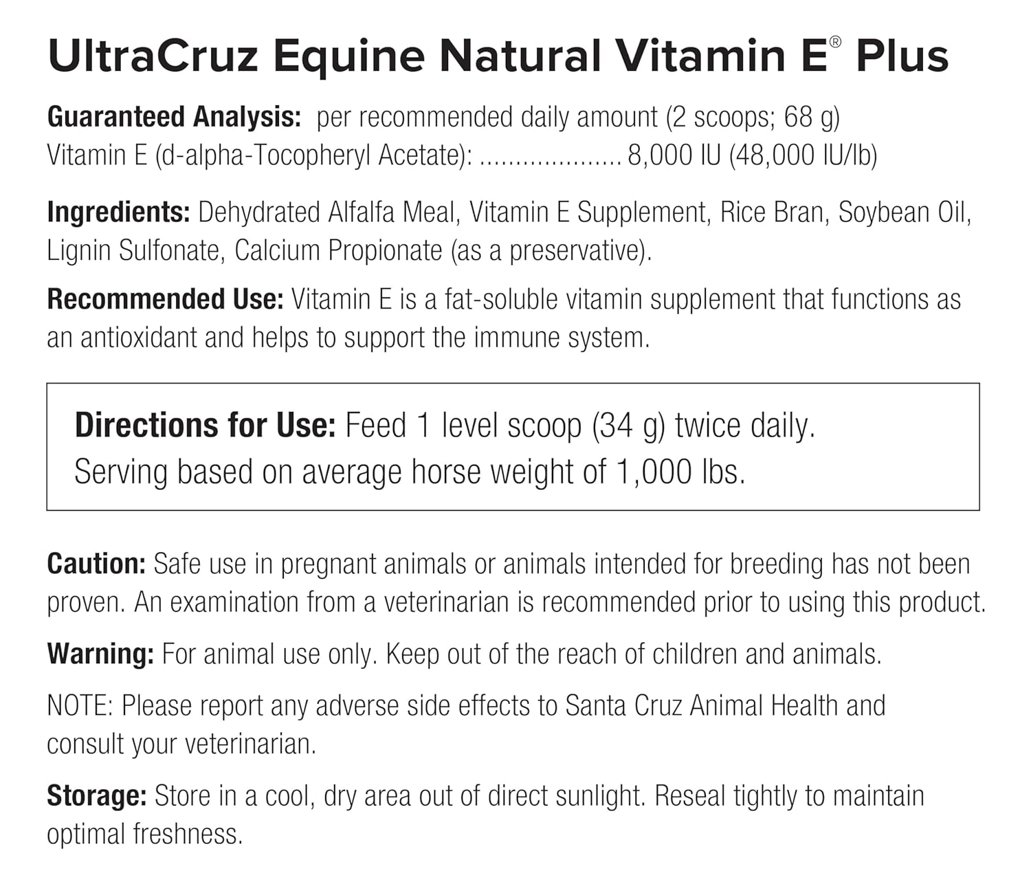 2 lb Pellet UltraCruz Equine Natural Vitamin E Plus Supplement for Horses - 13 Day Supply