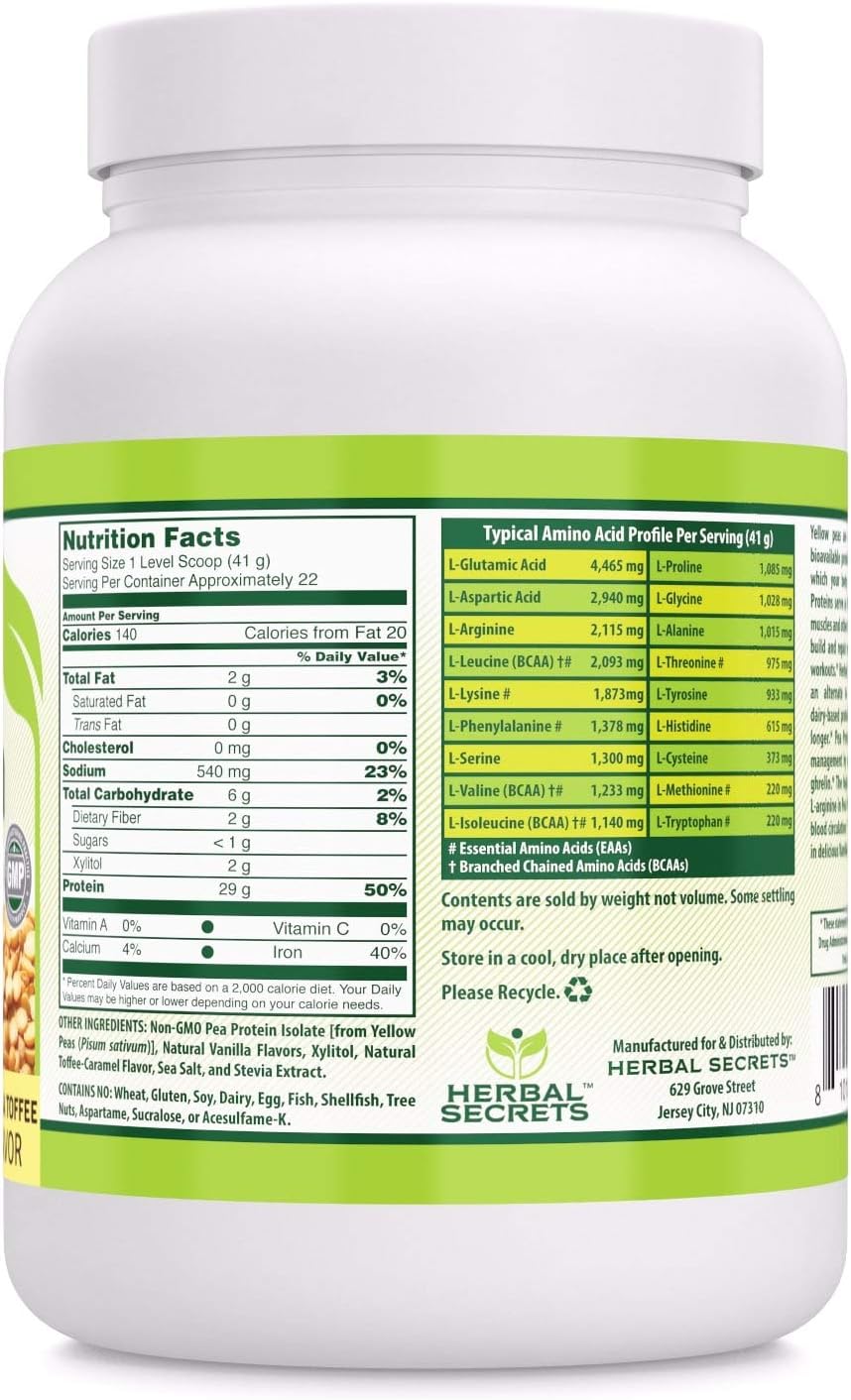 2 lbs Herbal Secrets Pea Protein Powder in Vanilla Toffee Flavor - Non-GMO for Energy, Muscle Growth, Heart & Kidney Support
