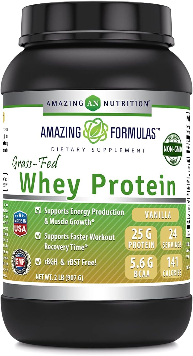 2 Lbs Vanilla Grass-Fed Whey Protein Powder Supplement | Non-GMO | Gluten-Free | Made in USA by Amazing Muscle Amazing Formulas