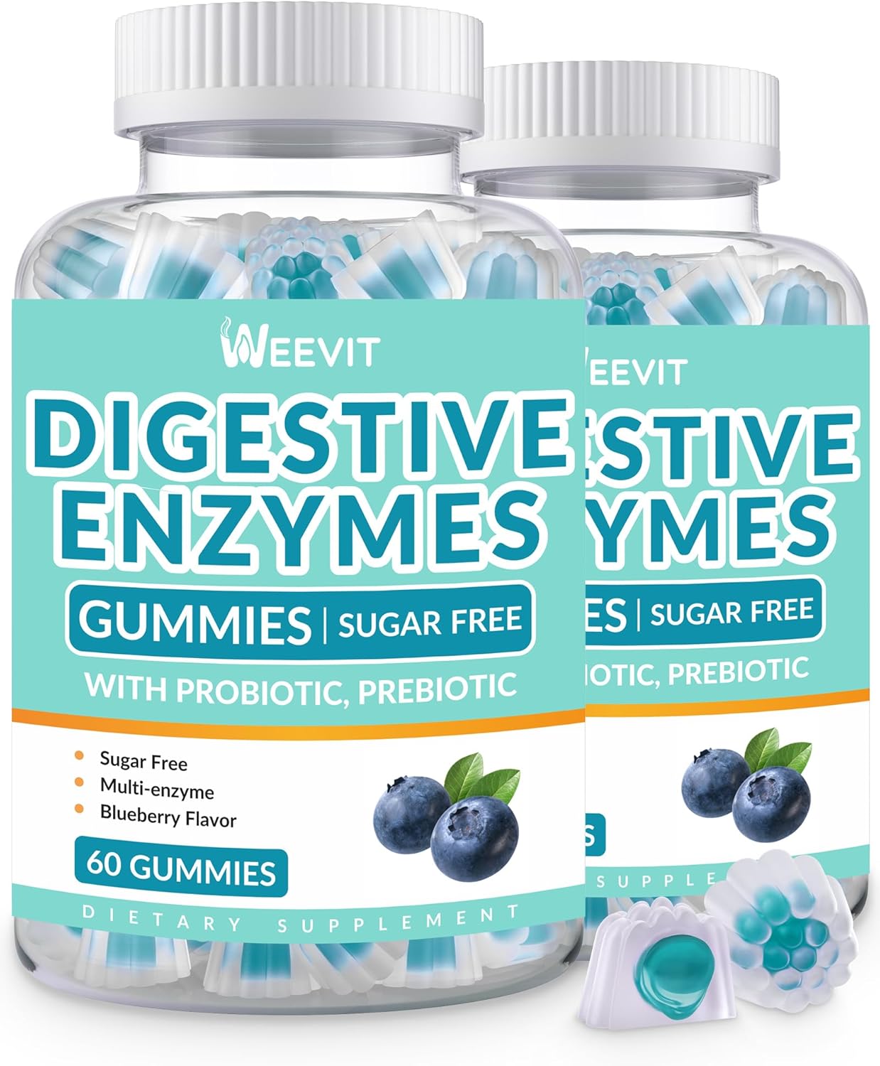 2-Month Supply of WEEVIT Digestive Enzymes Gummies with Probiotics & Prebiotics - Vegan Blueberry Flavored Chewables for Men & Women - Sugar-Free